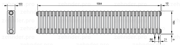 Схема (чертеж) Радиатор Zehnder Charleston 3019/34 №5510 Белый глянцевый RAL 9016